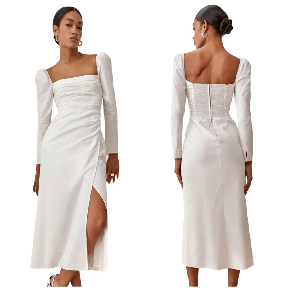 Reformation Isaac Dress in white size 12 L large puff sleeve square neck slit